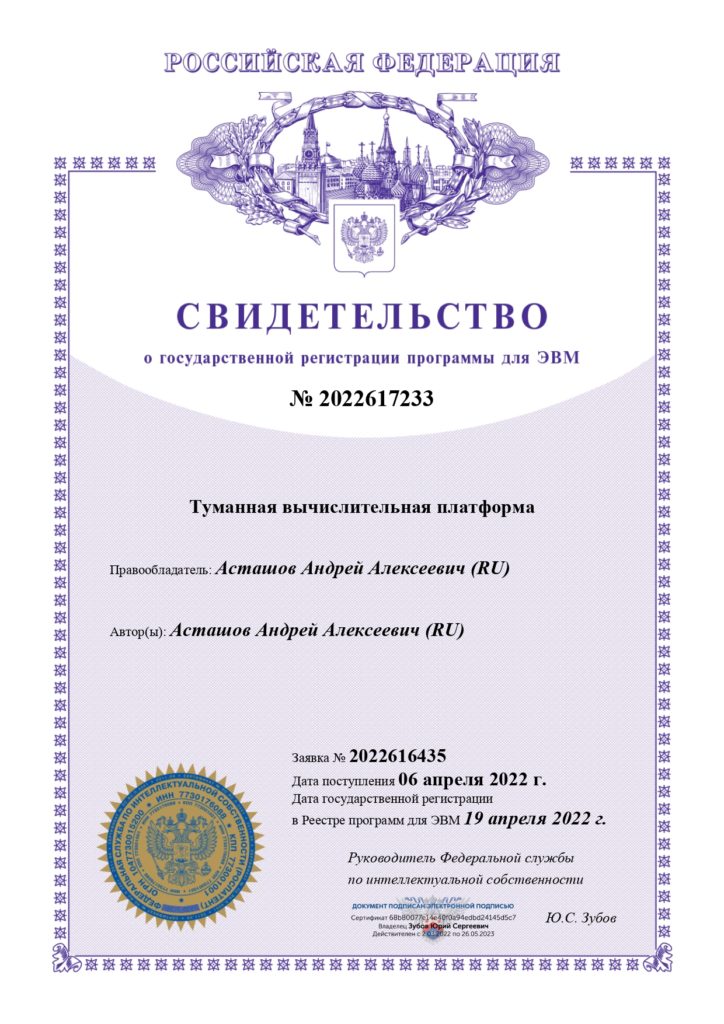 Свидетельство о регистрации прав на программу для ЭВМ №2022617233 Асташов Андрей Алексеевич